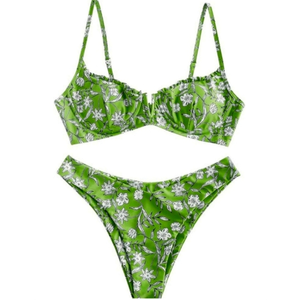 NWT Zaful Lime Green Floral Bikini with Underwire Size small